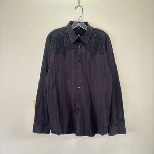 Roar Shirt Mens L Black Embroidered Affliction Style Goth Grunge Y2K Button Up